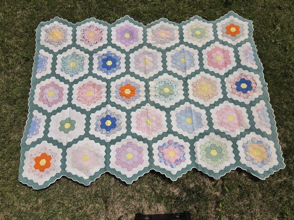 STUNNER Vintage Patchwork Grandmas Flower Garden Quilt Unique Fabrics 87" X 67"
